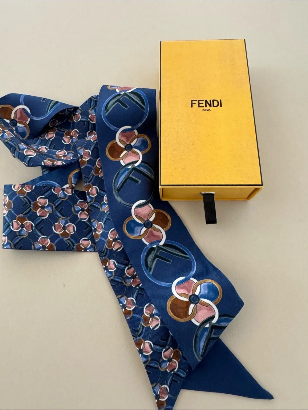Fendi Wrappy New never worn Brown, Blue and pink Silk Twilly Scarf includes box